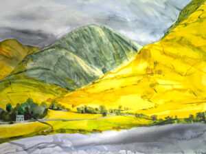 A landscape painting of the English Lake District